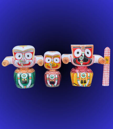 Jagannath Trio with Sacred Flag – Traditional Wooden Set