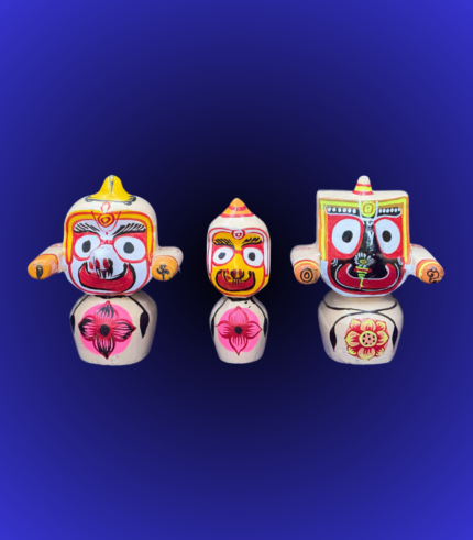 Hand-Painted Jagannath Balabhadra Subhadra Wooden Idol Set (Floral Base)