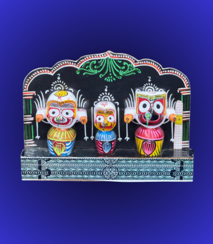 Jagannath Trio Wooden Temple Arch Showpiece – Hand-Painted Backdrop