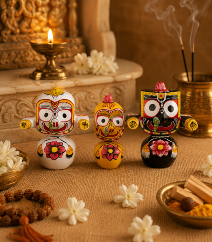 Floral Base Jagannath Balabhadra Subhadra Mini Wooden Idol Set