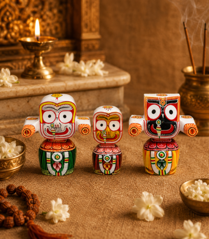 Traditional Jagannath Balabhadra Subhadra Wooden Idol Set – Classic Colours