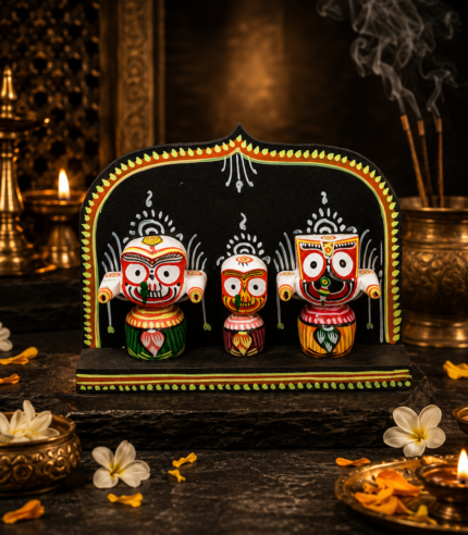 Jagannath Trio Wooden Temple Backdrop Showpiece