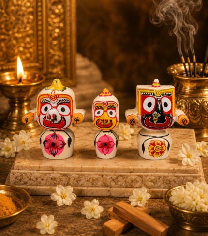 Hand-Painted Jagannath Balabhadra Subhadra Wooden Idol Set (Floral Base)