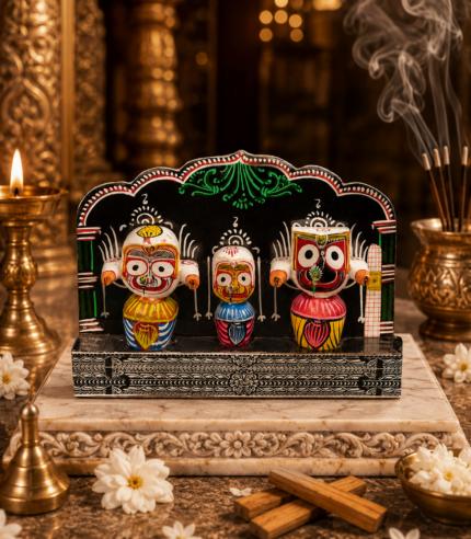 Jagannath Trio Wooden Temple Arch Showpiece – Hand-Painted Backdrop