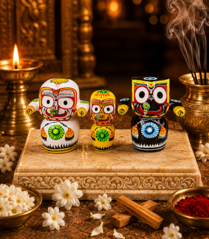 Natural Finish Jagannath Balabhadra Subhadra Wooden Idol Set – Round Base
