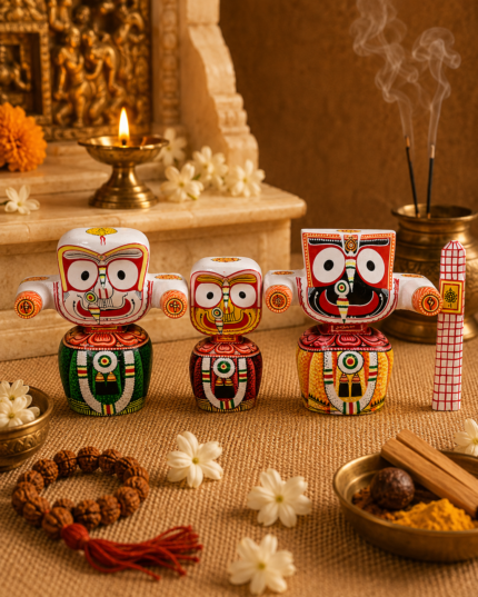 Jagannath Trio with Flag – Hand-Painted Wooden Idol Set